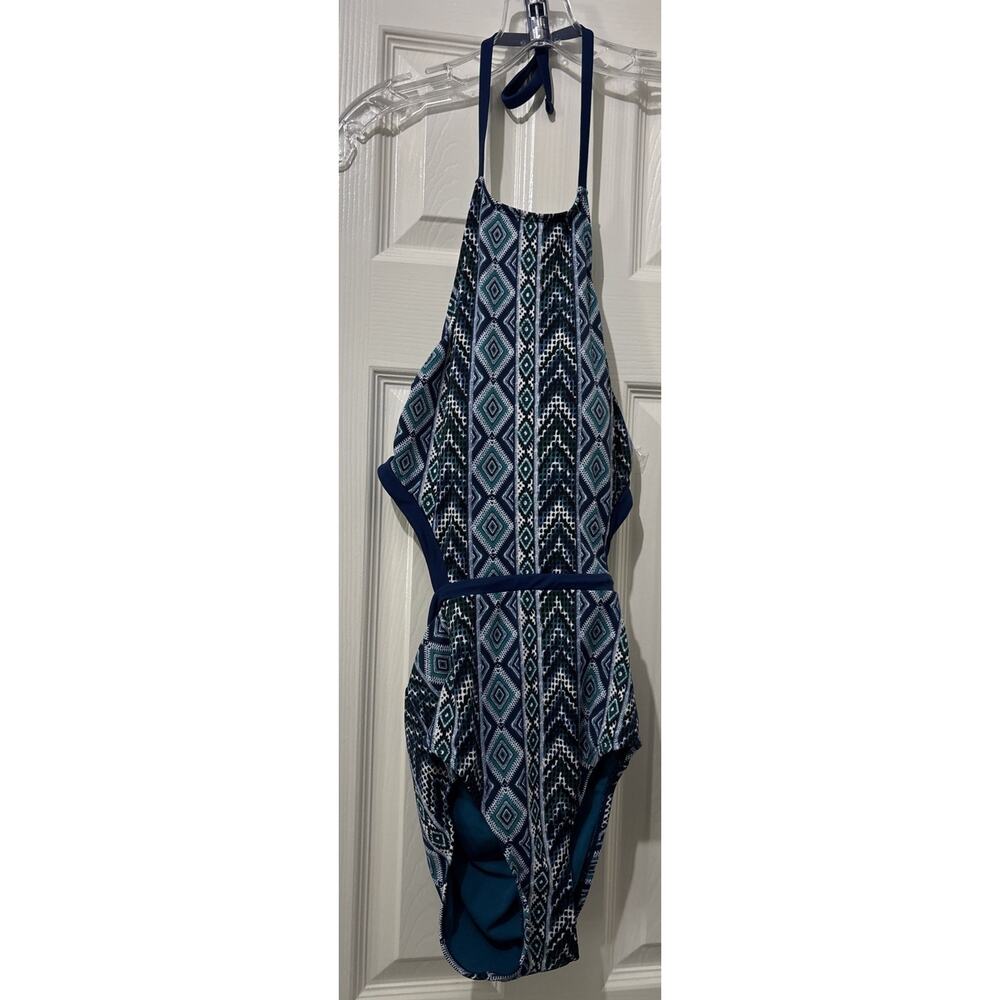 Time and Tru 1 Piece Swimsuit Geometric Halter Cutouts Blue Green Clean Size 4/6